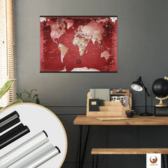 In deinem stilvollen Arbeitszimmer findet deine Weltkarte Red als Poster den perfekten Platz. Sie ist nicht nur ein Dekorationsstück, sondern lässt deine Reisen immer wieder lebendig werden. Markiere mit Stickern und klebe kleinen Fotos an als interaktive Chronik deiner Abenteuer. Mit Posterschienen kannst du schick und super einfach deine Weltkarte als Poster an die Wand hängen.