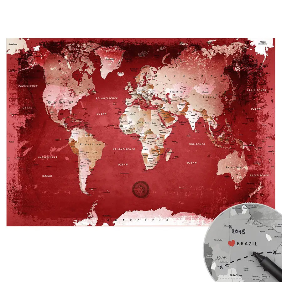 Schnapp dir deine Weltkarte Red als Poster und beginne damit, deine eigenen Abenteuer festzuhalten. Gedruckt auf Premium Posterpapier mit 250 g/m² und einer satinieren Oberfläche, wird sie deinen Raum zum Strahlen bringt. Und weil wir wissen, dass du Feinheiten liebst, ist alles mit detaillierter Beschriftung in versehen. Obendrauf gibt’s Sticker, mit denen du direkt loslegen kannst, um deine Reiseziele zu markieren.