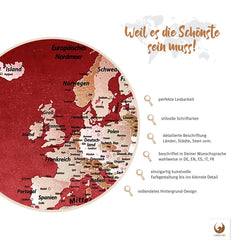 Deine Weltkarte Red als Poster wartet darauf, mit deinen Erinnerungen gefüllt zu werden. Mit perfekter Lesbarkeit und stilvollen Schriftarten ist sie schön und ideal zur Reiseplanung. Jedes Land, jede Stadt und die dazugehörigen Gewässer sind mit Liebe zum Detail beschrieben. Du hast die Wahl deiner bevorzugten Sprache - auf Deutsch, Englisch, Spanisch, Italienisch oder Französisch.
