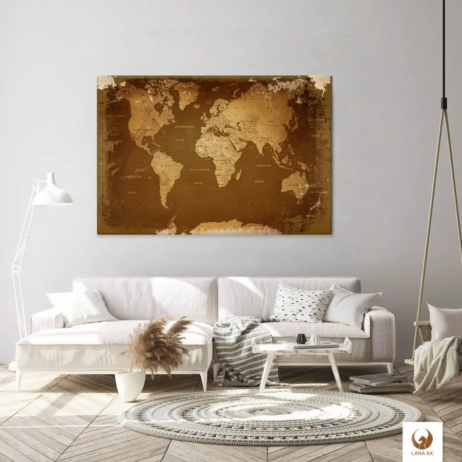 Die Welt als Zentrum Deiner Wohnung. Deine Weltkarte Retro für sich mit ihren ausgewogenen Farben ideal in Dein Wohnkonzept ein.