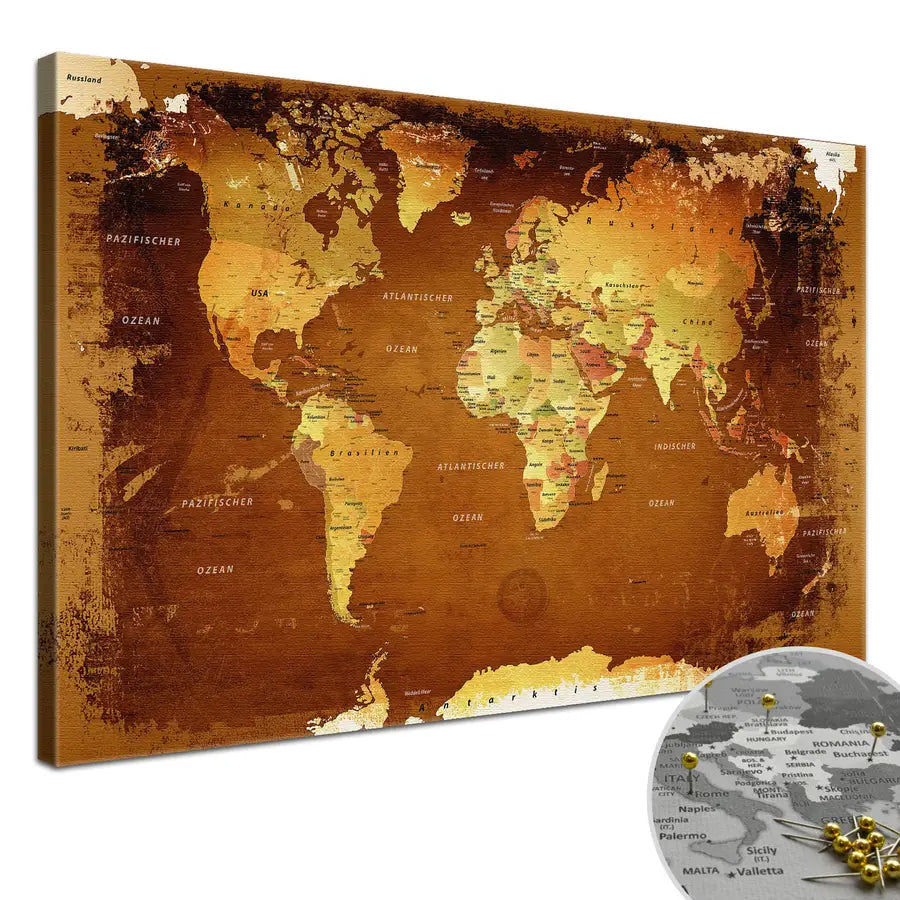 Deine Weltkarte Retro Bunt als Premiumleinwand mit 2 cm breiten Rahmen.