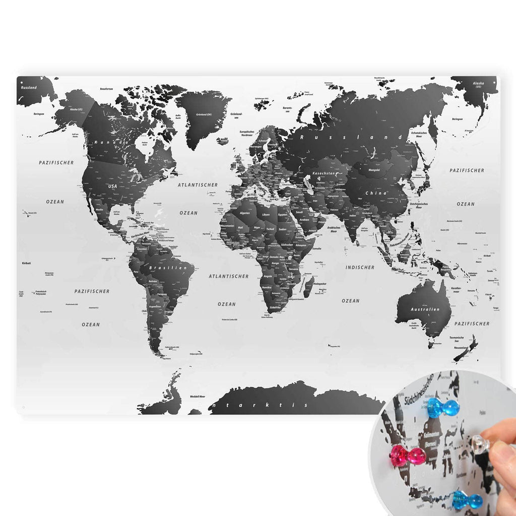 Deine Weltkarte als magnetisches Blechschild zum Markieren Deiner Reiseziele mit Magneten oder Stickern.