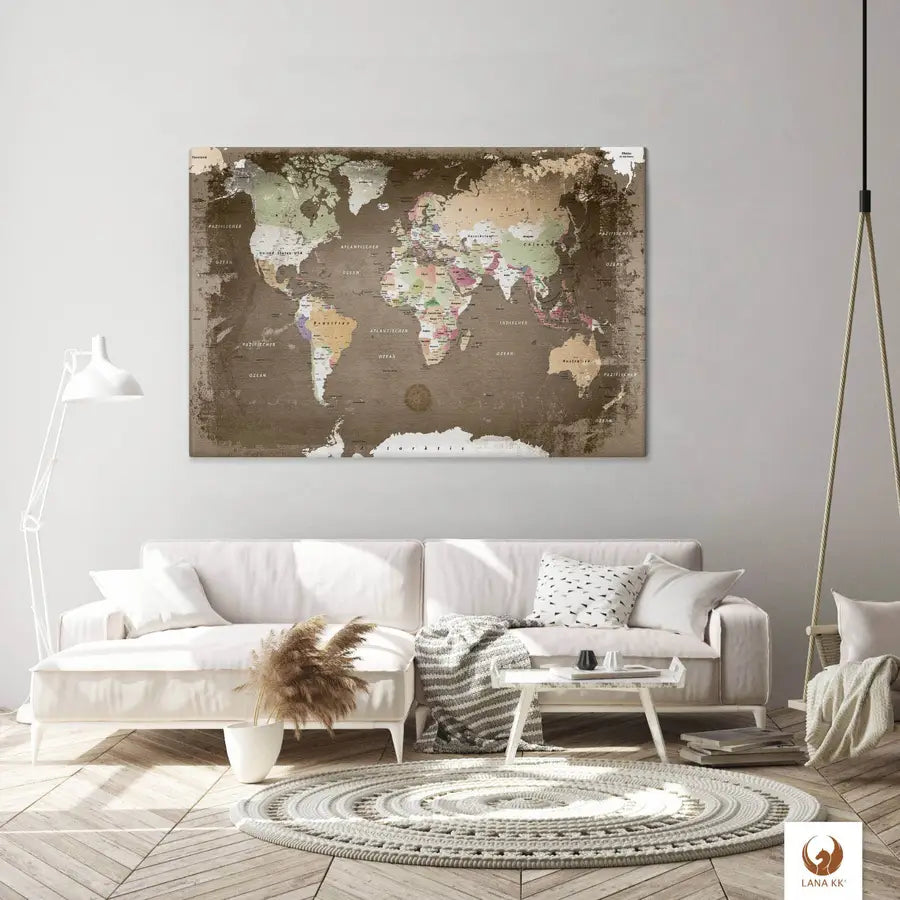 Die Welt als Zentrum Deiner Wohnung. Deine Weltkarte Used für sich mit ihren ausgewogenen Farben ideal in Dein Wohnkonzept ein.