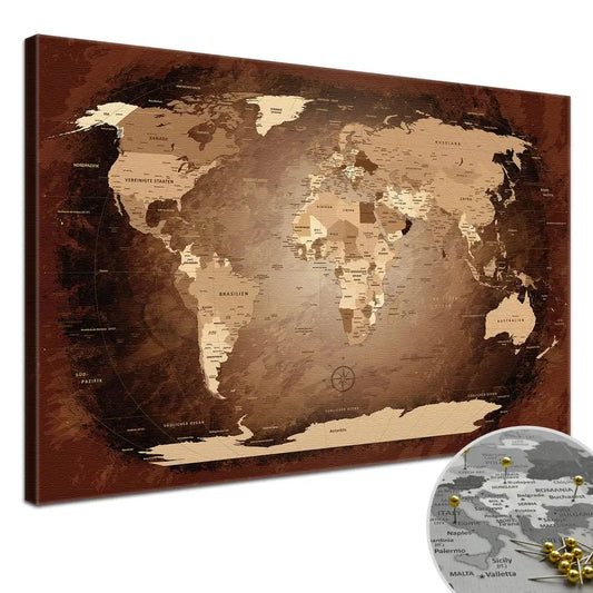 Deine World Map Antik als Premiumleinwand mit 2 cm breiten Rahmen.