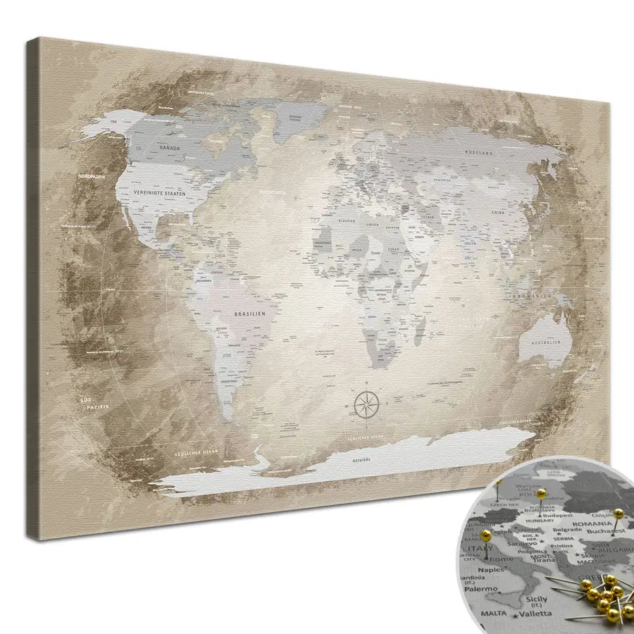 Deine World Map Beige als Premiumleinwand mit 2 cm breiten Rahmen.