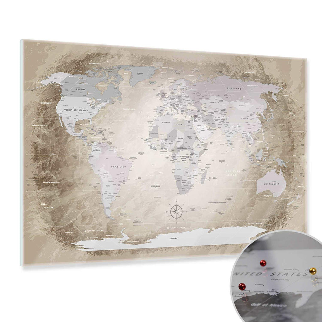 Magnetisches Glasbild - World Map Beige