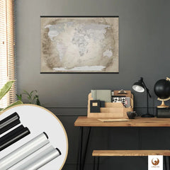 In deinem stilvollen Arbeitszimmer findet deine World Map Beige als Poster den perfekten Platz. Sie ist nicht nur ein Dekorationsstück, sondern lässt deine Reisen immer wieder lebendig werden. Markiere mit Stickern und klebe kleinen Fotos an als interaktive Chronik deiner Abenteuer. Mit Posterschienen kannst du schick und super einfach deine Weltkarte als Poster an die Wand hängen.