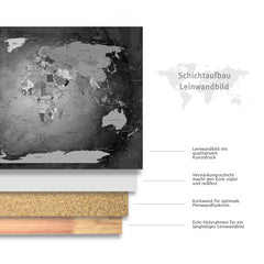 Leinwandbild - World Map Black And White - Pinnwand