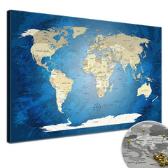 Deine World Map Blue Ocean als Premiumleinwand mit 2 cm breiten Rahmen.