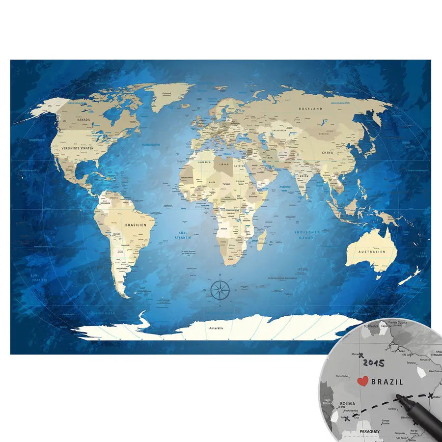 Schnapp dir deine World Map Blue Ocean als Poster und beginne damit, deine eigenen Abenteuer festzuhalten. Gedruckt auf Premium Posterpapier mit 250 g/m² und einer satinieren Oberfläche, wird sie deinen Raum zum Strahlen bringt. Und weil wir wissen, dass du Feinheiten liebst, ist alles mit detaillierter Beschriftung in versehen. Obendrauf gibt’s Sticker, mit denen du direkt loslegen kannst, um deine Reiseziele zu markieren.