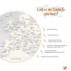 Weil es die Schönste sein muss! Deine World Map Champagner besticht mit perfekter Lesbarkeit, Detailreichtum und vollendetem Hintergrund-Design.