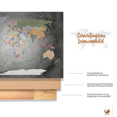 Deine World Map Edelgrau ist stabil konstruiert und ist optimal zum Pinnen Deiner Reiseziele.