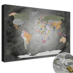 Leinwandbild - World Map Edelgrau - Pinnwand