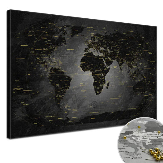 Deine World Map Noir als Premiumleinwand mit 2 cm breiten Rahmen.